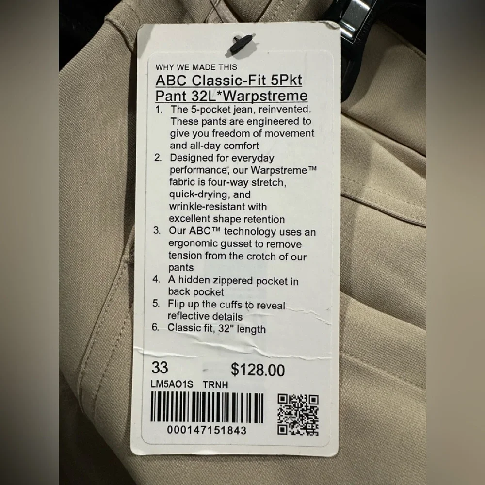 NWT Lululemon ABC Slim-Fit Trouser 32L Stretch Cotton VersaTwill